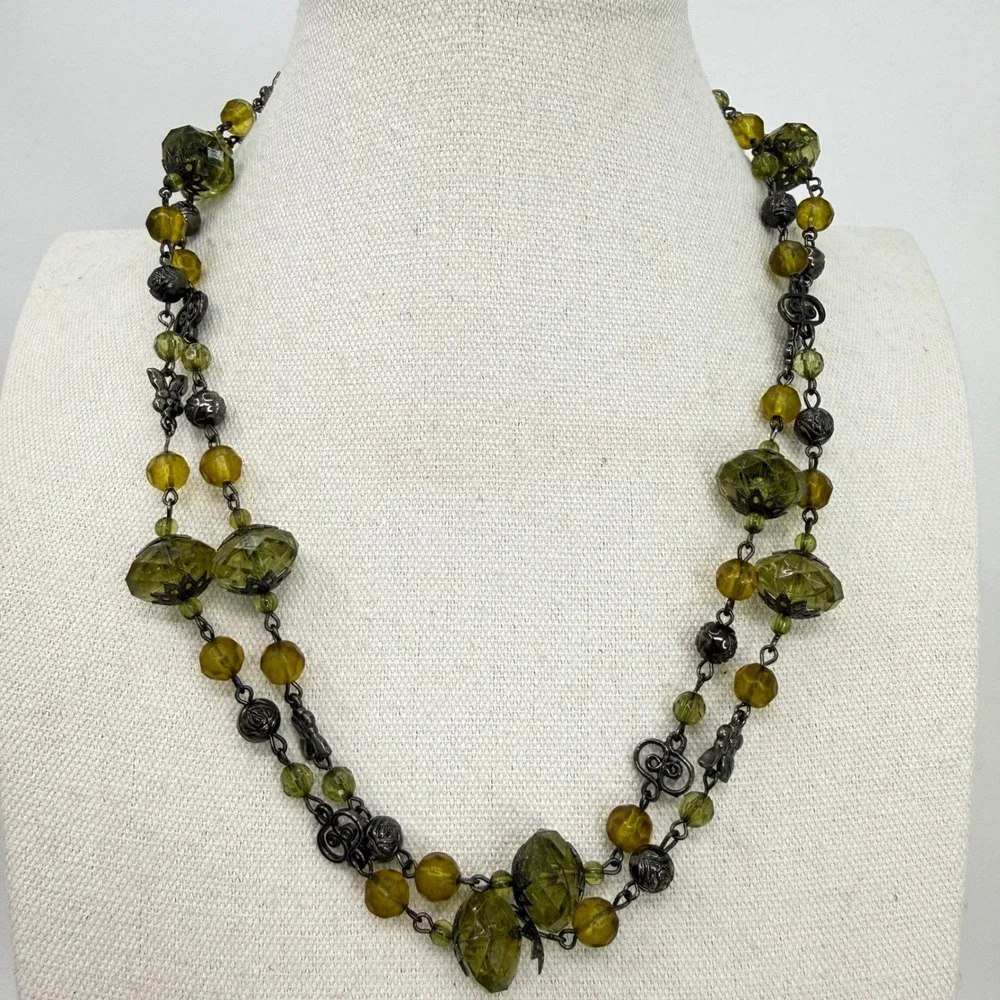 Faceted‎ Bead Necklace Green Olive Tone Metal Accents Neutral